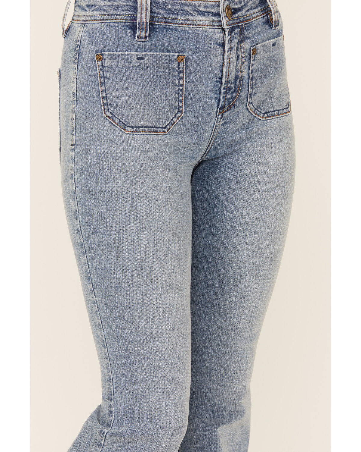 Shyanne Women's Luna Medium Wash High Rise Patch Pocket Flare Comfort Stretch Denim Jeans