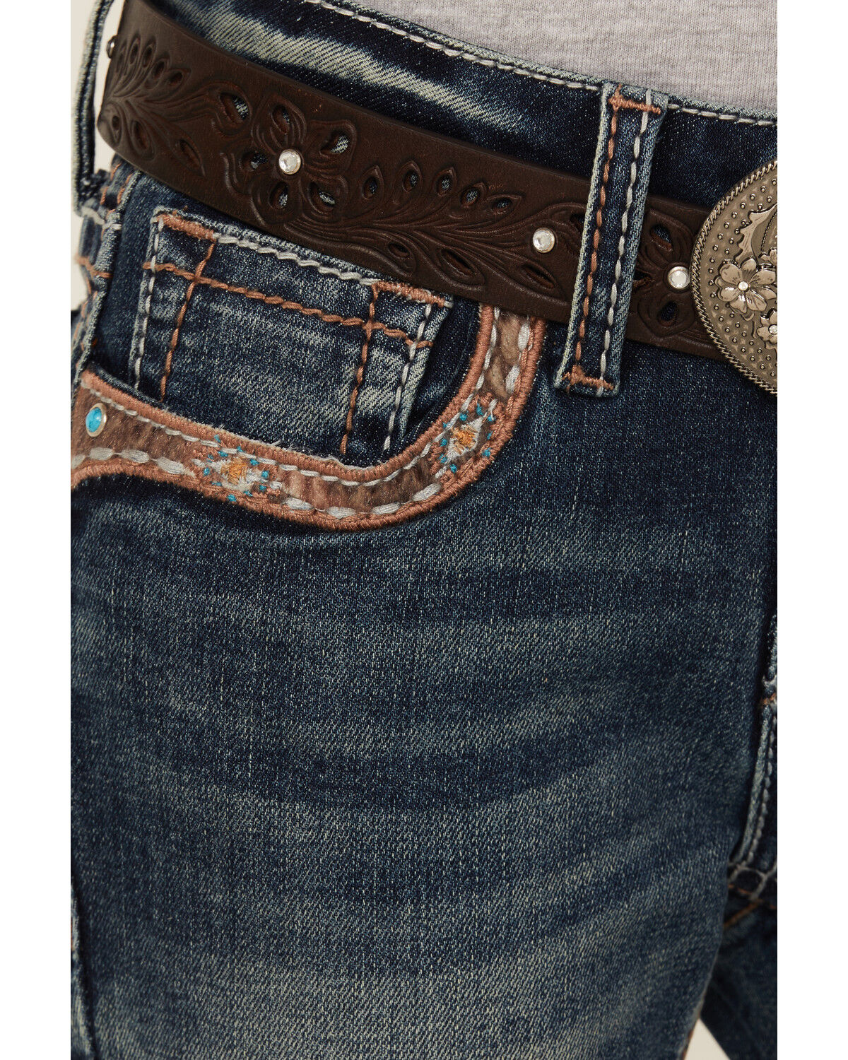 Grace In LA Girls' Cowhide Horseshoe Bootcut Stretch Denim Jeans