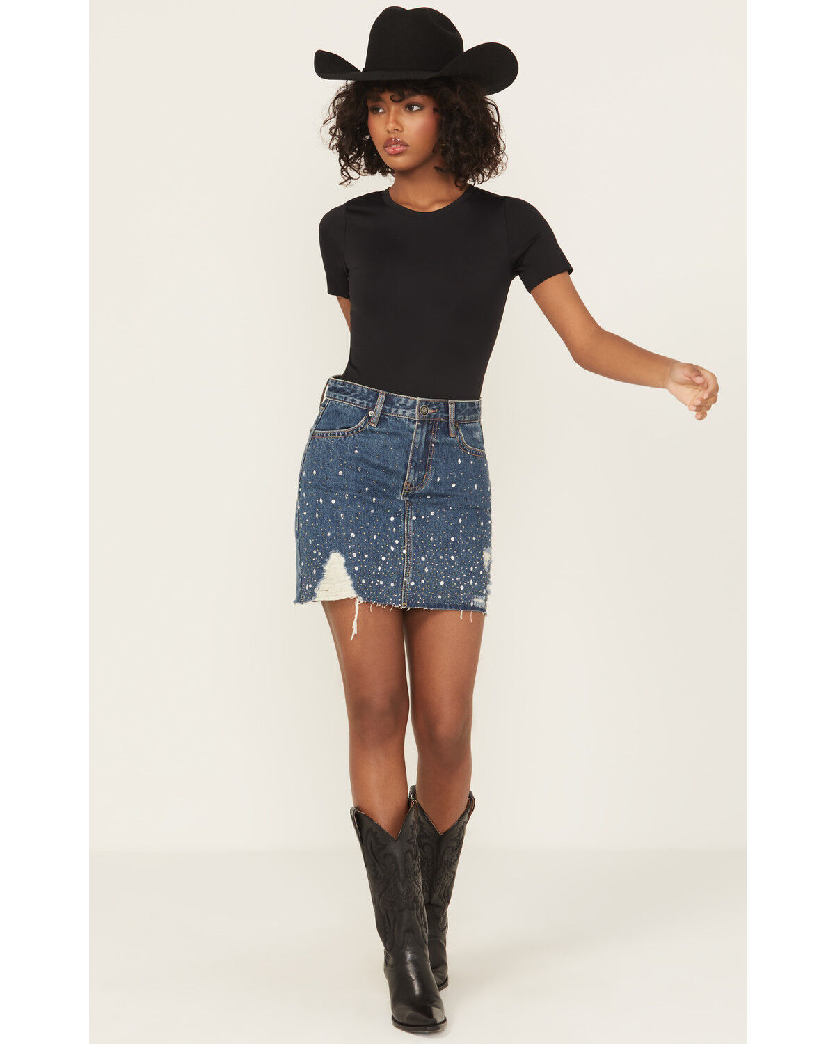 Rock & Roll Denim Women's Medium Wash Embellished Denim Mini Skirt