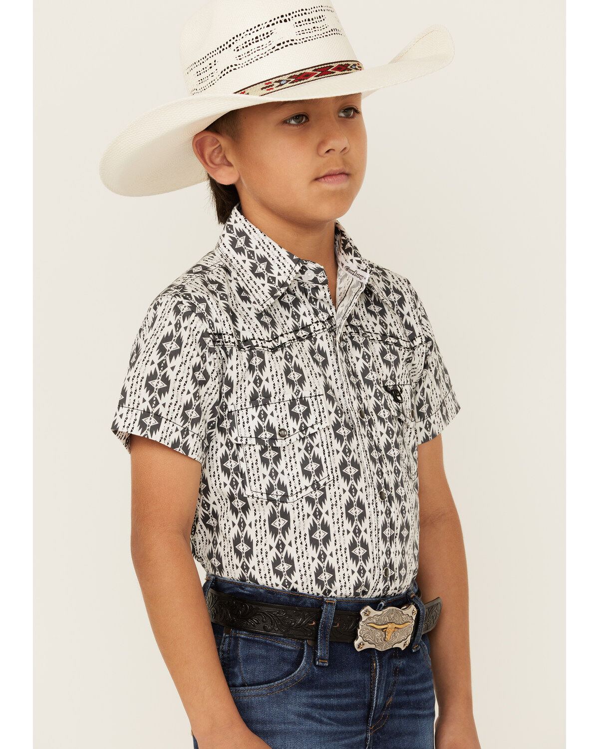 Cowboy Hardware Boys' Southwestern Print Short Sleeve Snap Western Shirt
