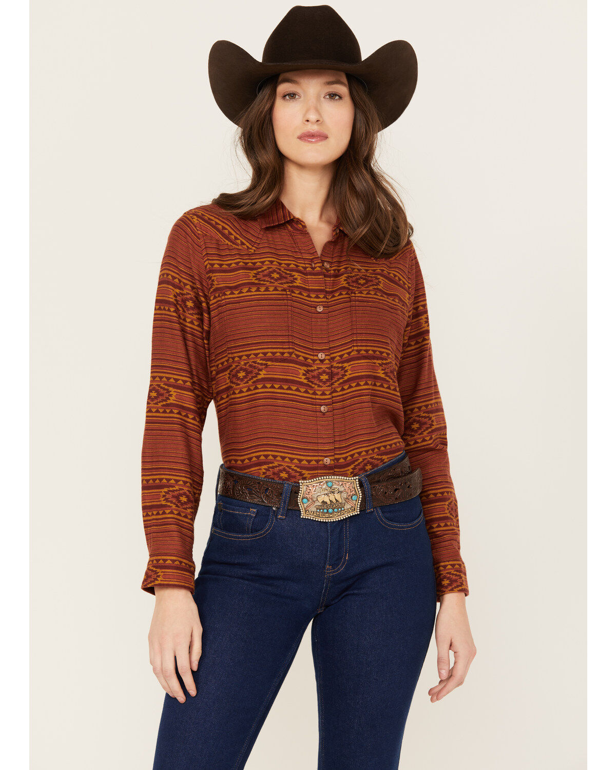 Ariat Women's Real Billie Jean Southwestern Print Long Sleeve Button-Down Western Shirt