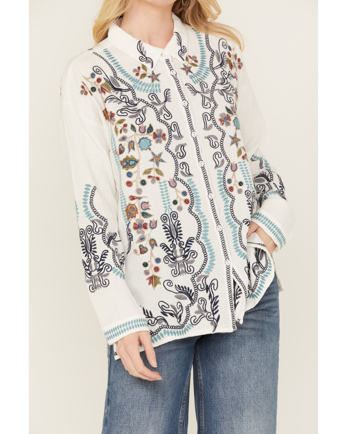 Johnny Was Women's Embroidered Long Sleeve Button-Down Shirt
