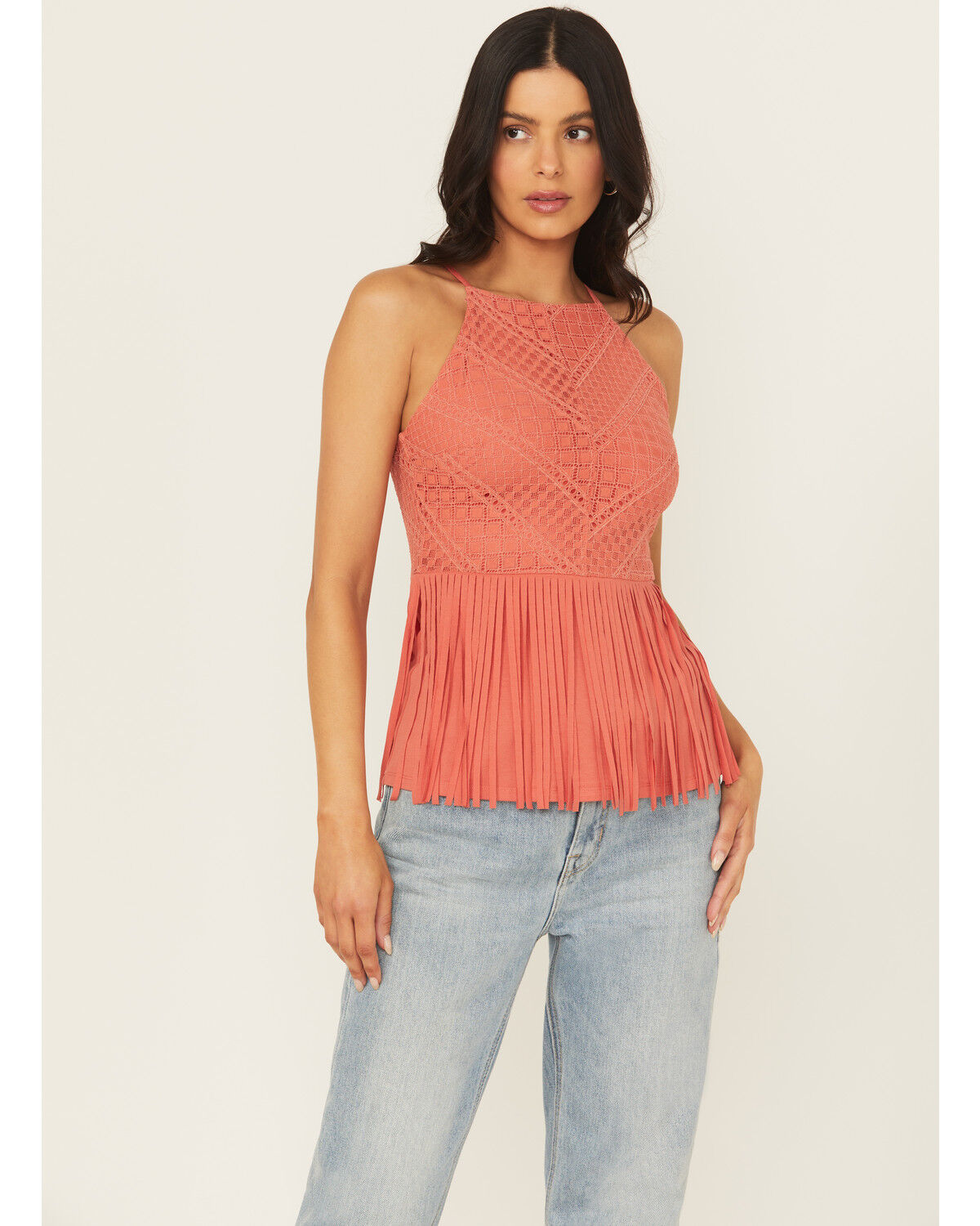 Shyanne Women's Stretch Lace Halter Fringe Tank