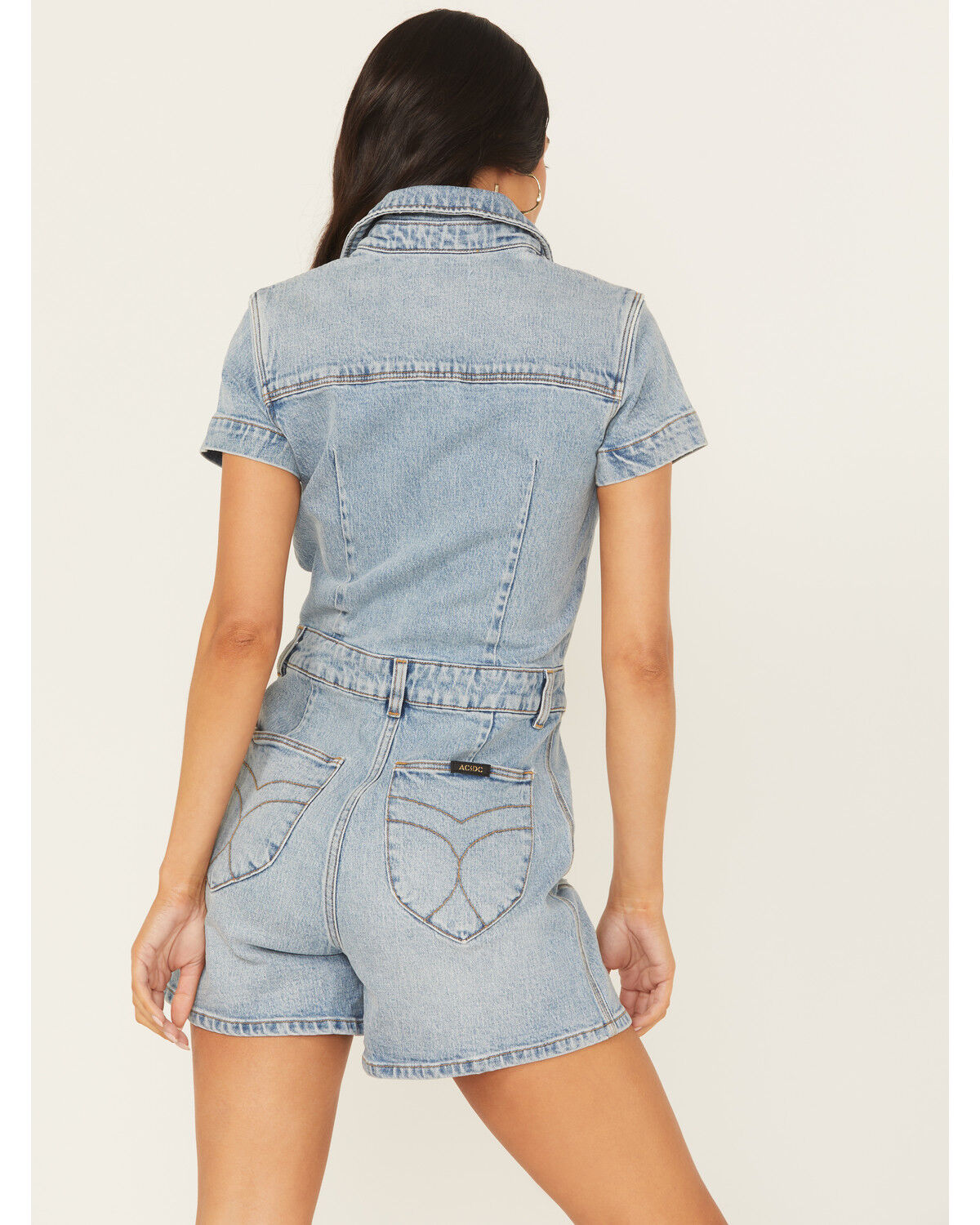 Rolla's X AC/DC Women's Light Wash Lightening Short Sleeve Button-Down Denim Romper