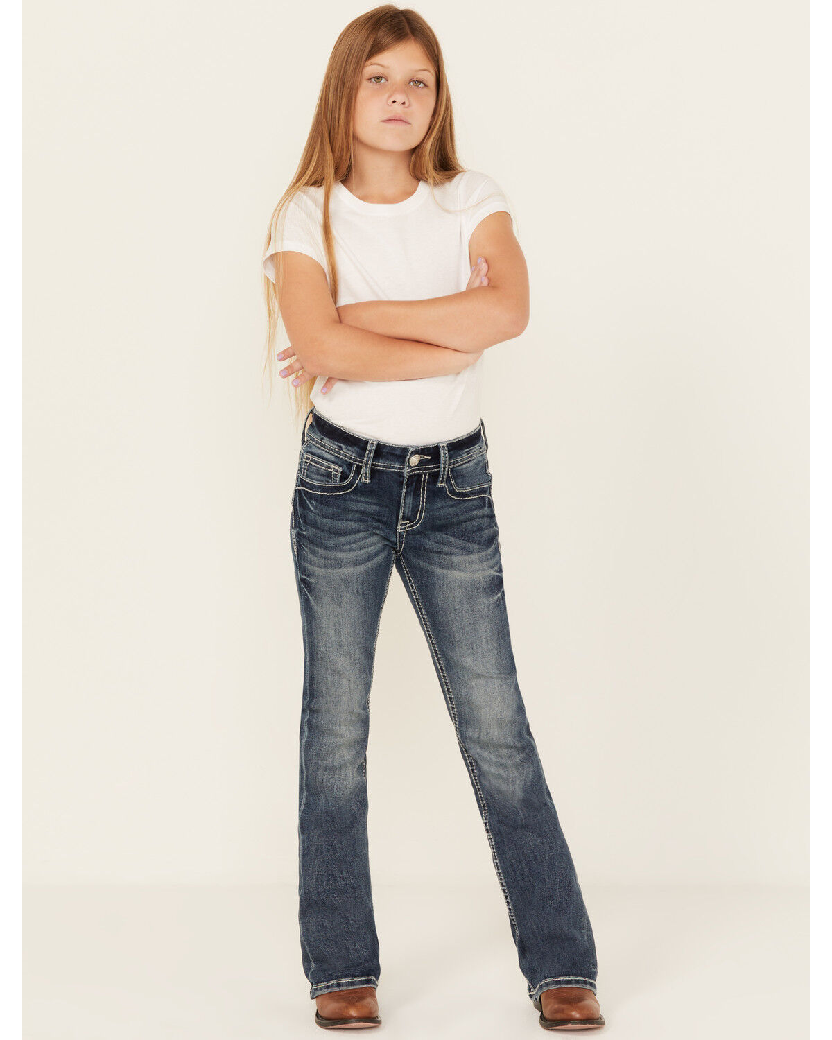 Grace In LA Girls' Chevron Embroidered Medium Wash Bootcut Stretch Denim Jeans
