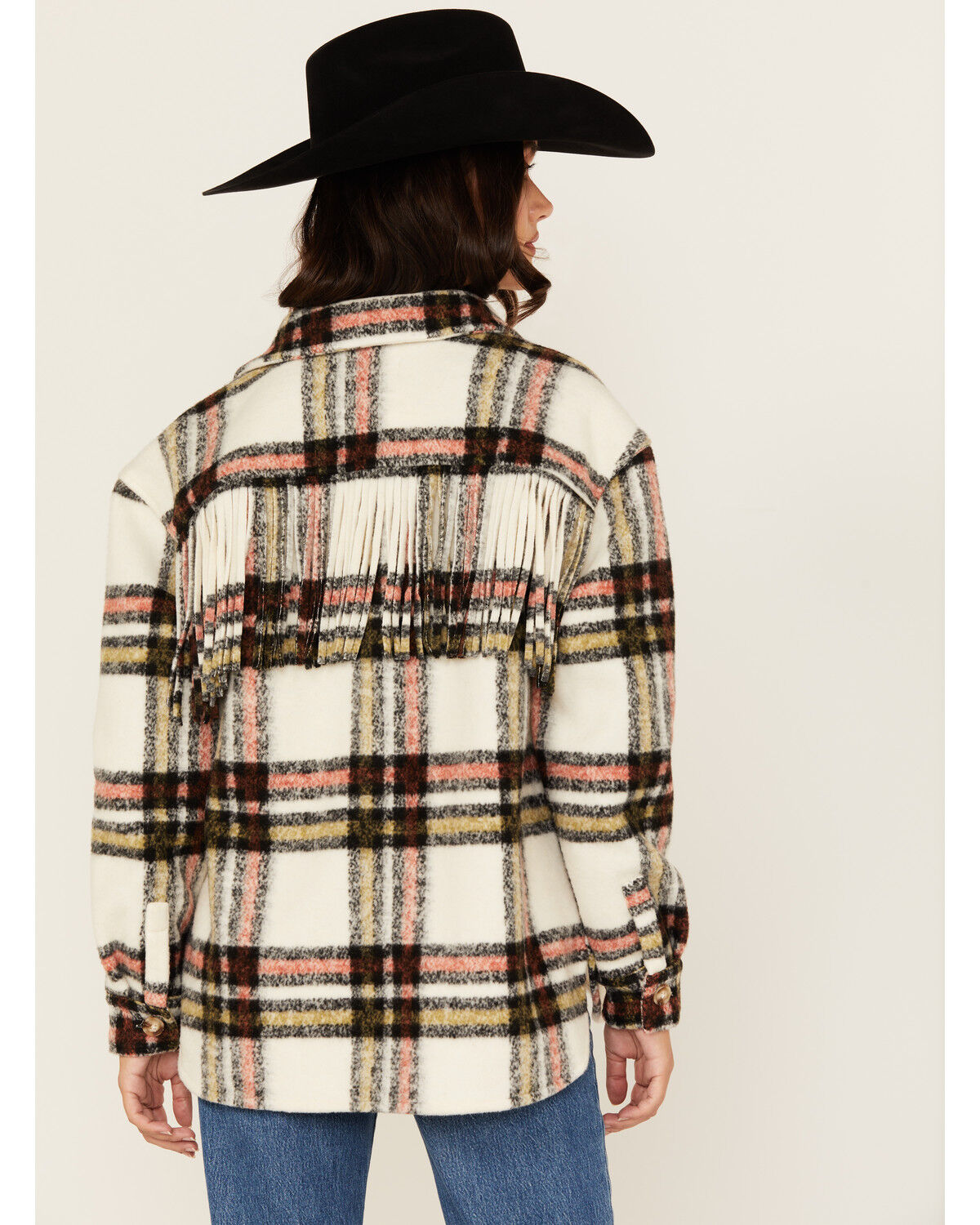 Rock & Roll Denim Women's Plaid Print Fringe Shacket