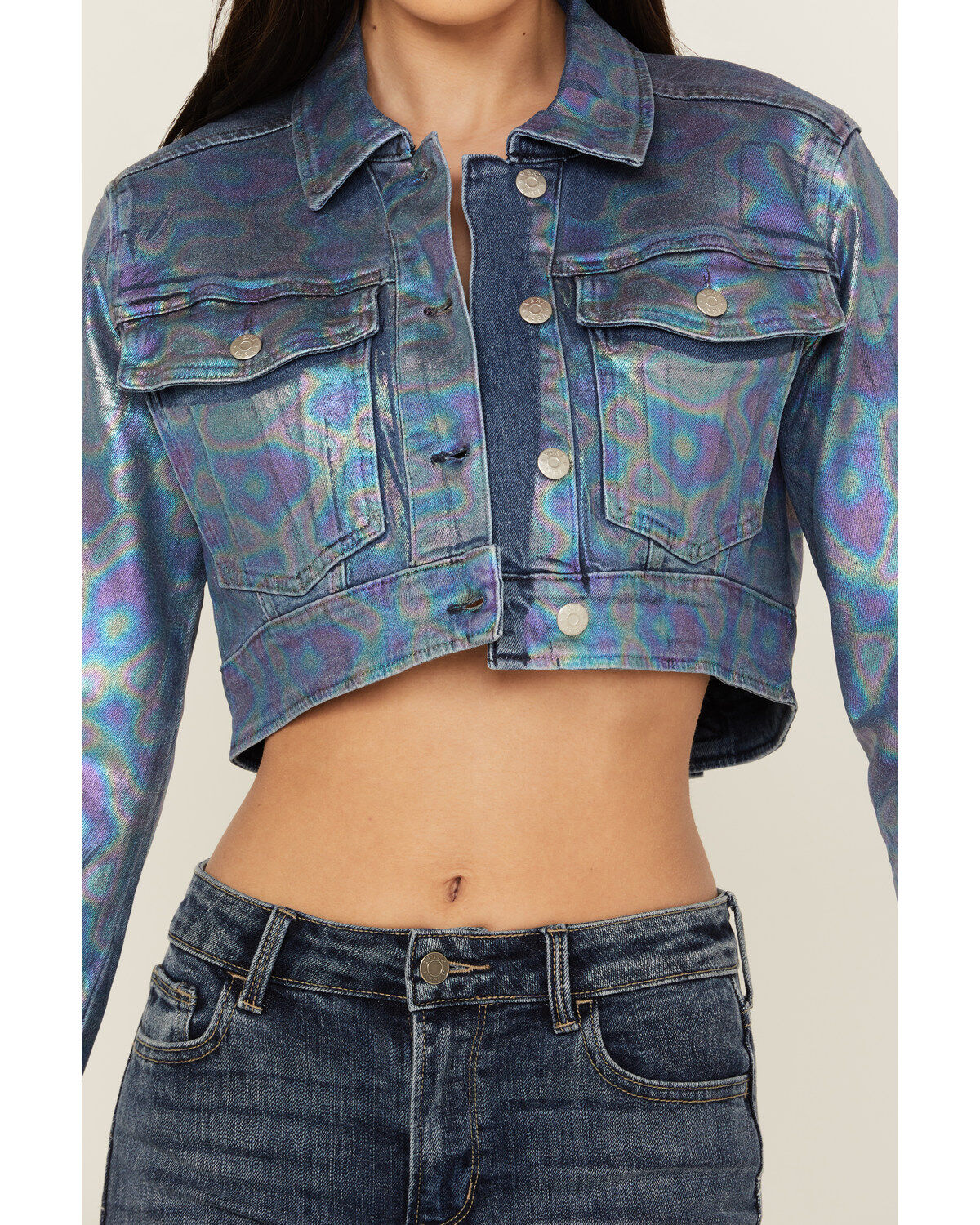 Vibrant Denim Women's Holographic Cropped Denim Jacket