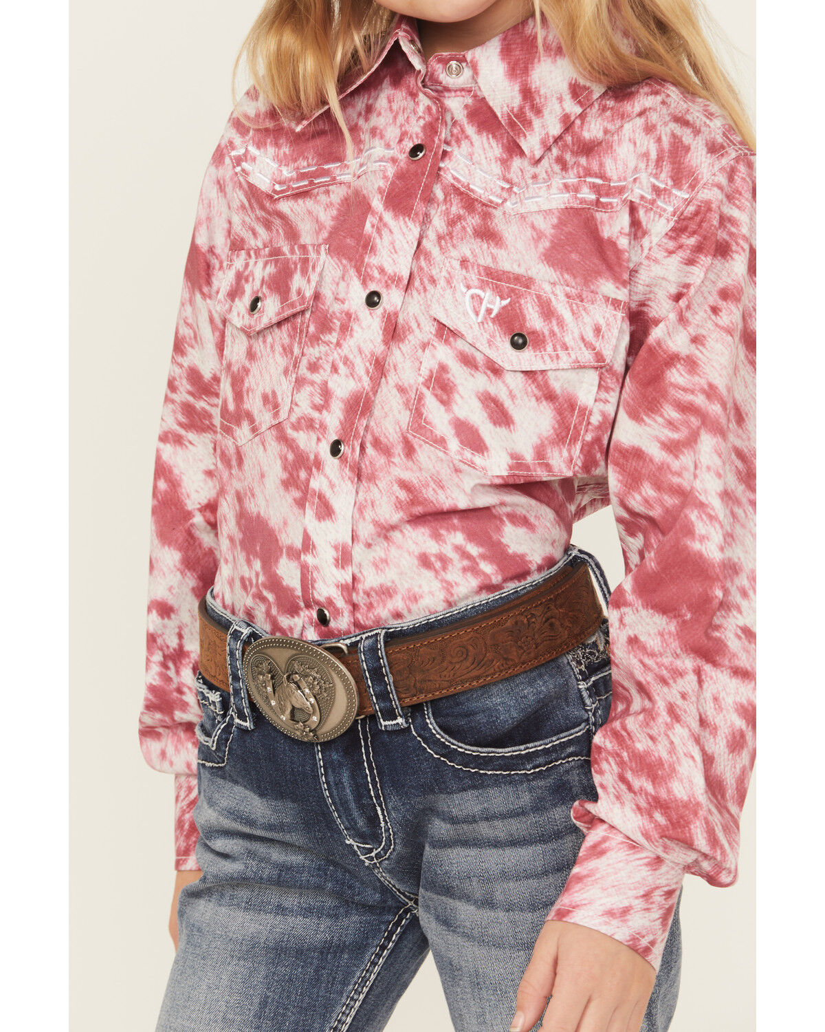 Cowgirl Hardware Girls' Cowhide Print Long Sleeve Snap Stretch Western Shirt