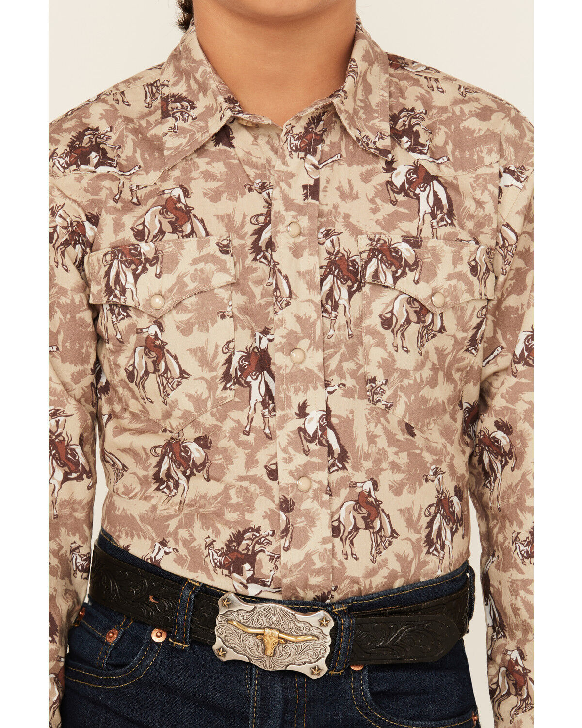 Roper Boys' Bucking Horse Print Long Sleeve Snap Western Shirt