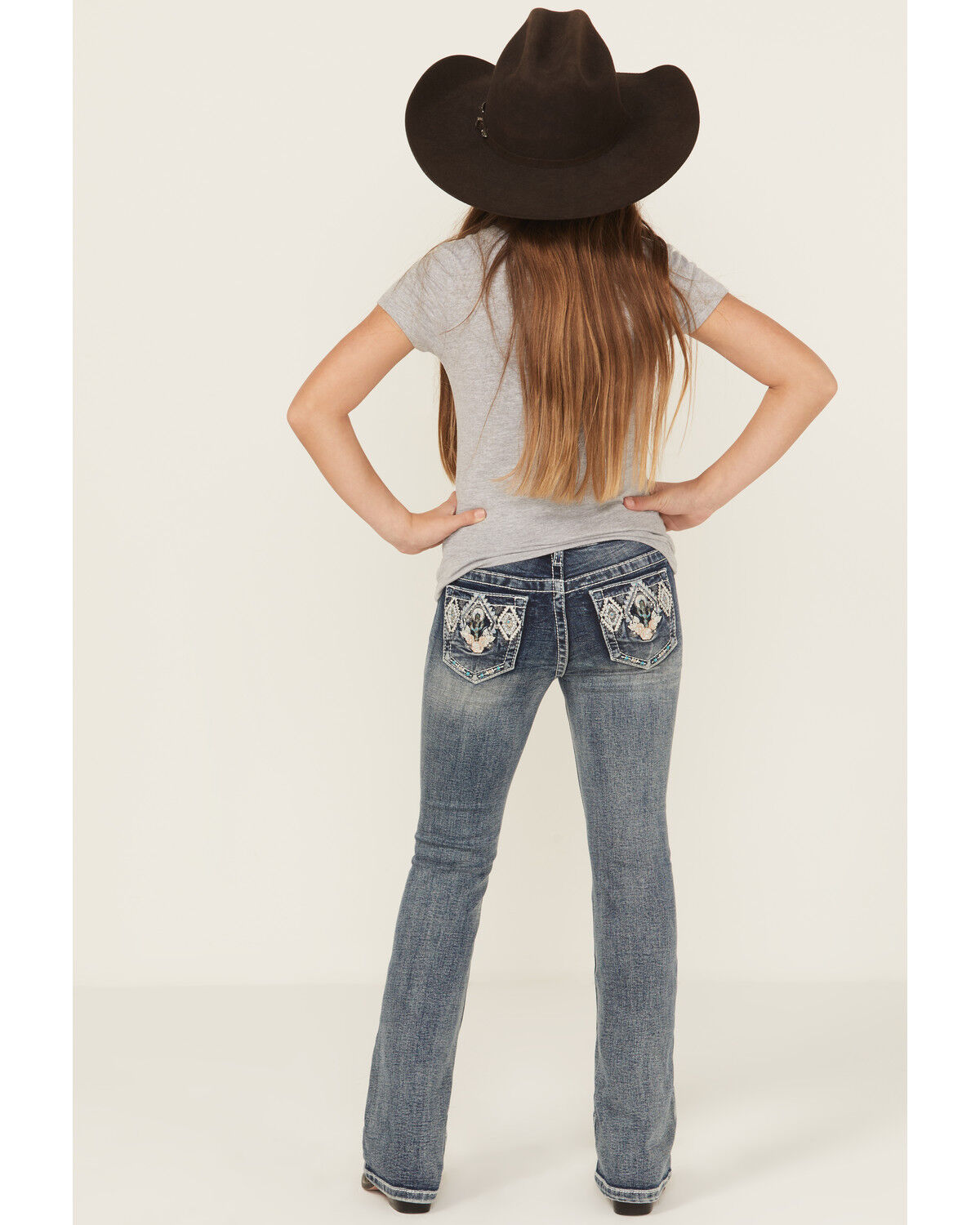 Grace In LA Girls' Chevron Cactus Embroidered Bootcut Stretch Denim Jeans