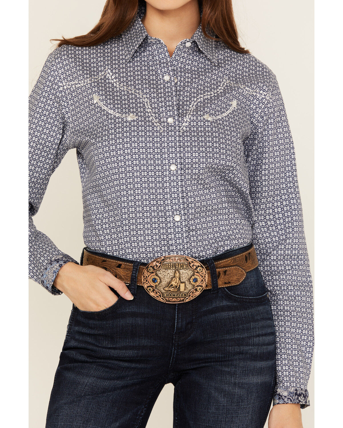 Panhandle Women's Geo Print Long Sleeve Snap Stretch Western Shirt