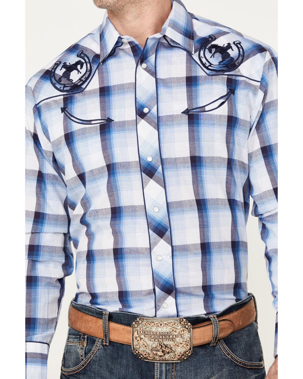 Roper Men's Embroidered Plaid Print Long Sleeve Pearl Snap Western Shirt