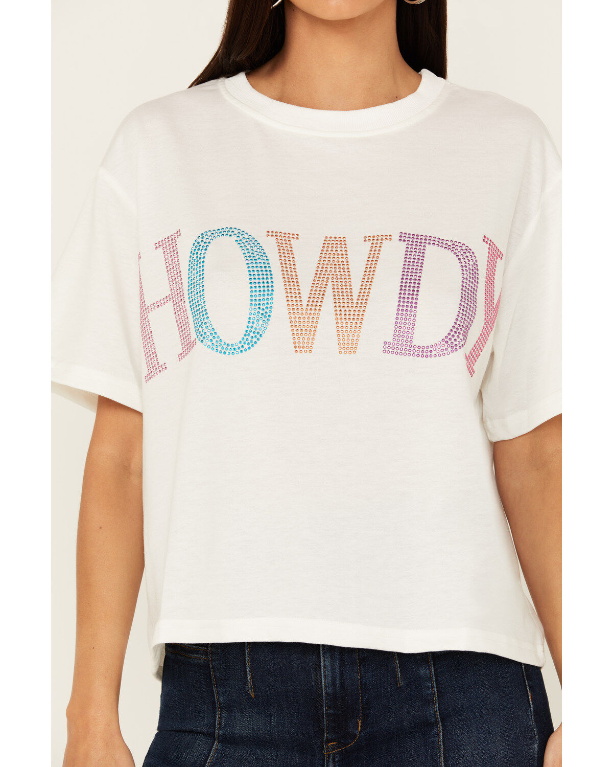 Mainstrip Women's Howdy Rhinestone Short Sleeve Cropped Graphic Tee