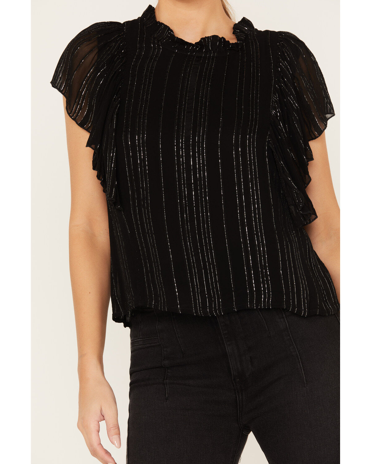 Revel Women's Metallic Striped Flutter Silver Top