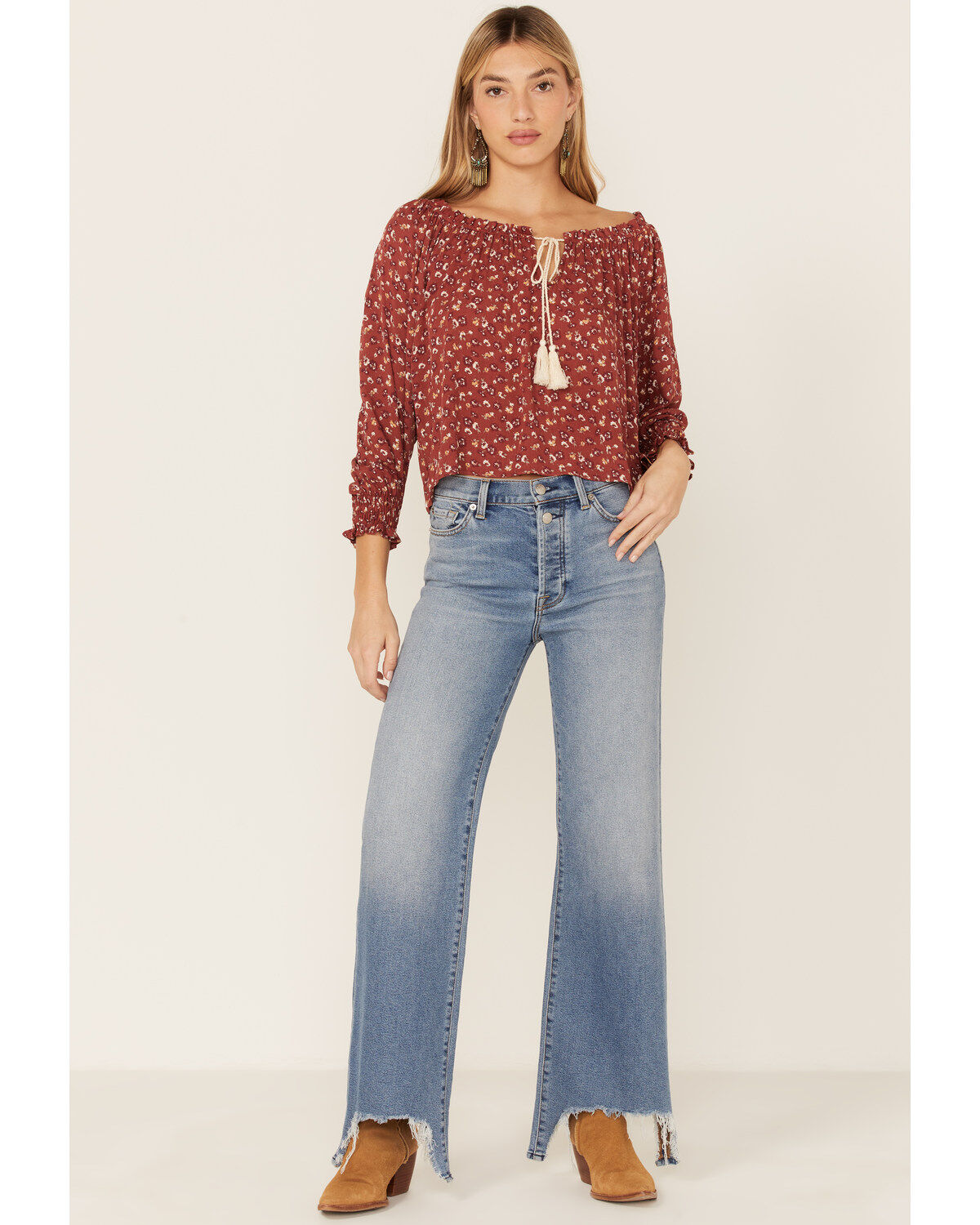 Wild Moss Women's Rust Floral Peasant Top