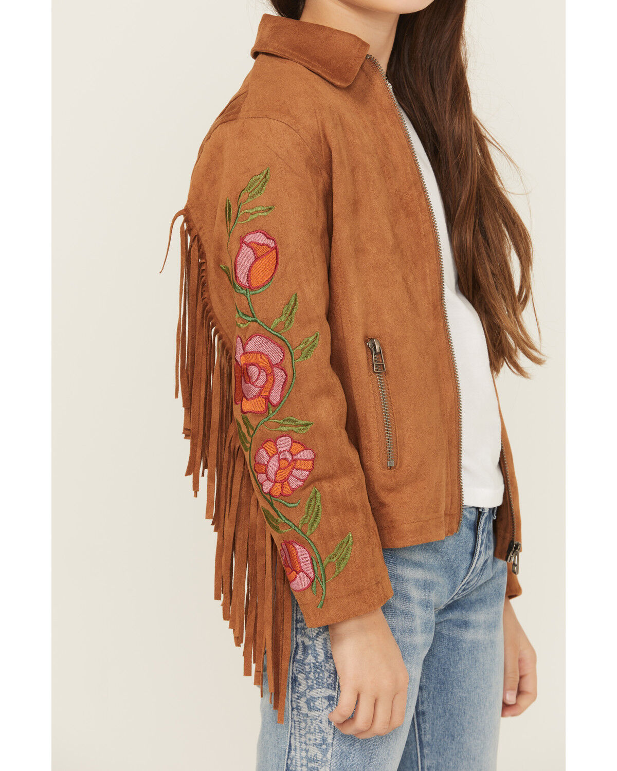 Fornia Girls' Floral Embroidered Fringe Jacket