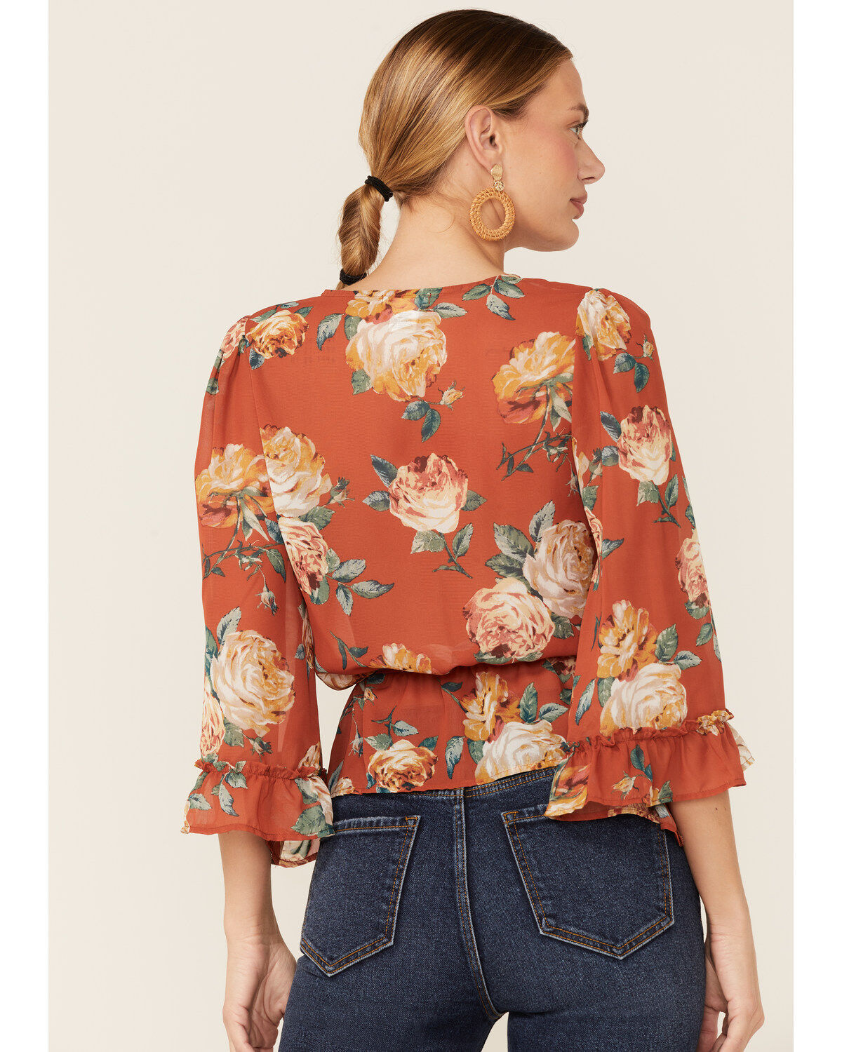 Wild Moss Women's Rust Floral Chiffon Bell Sleeve Blouse