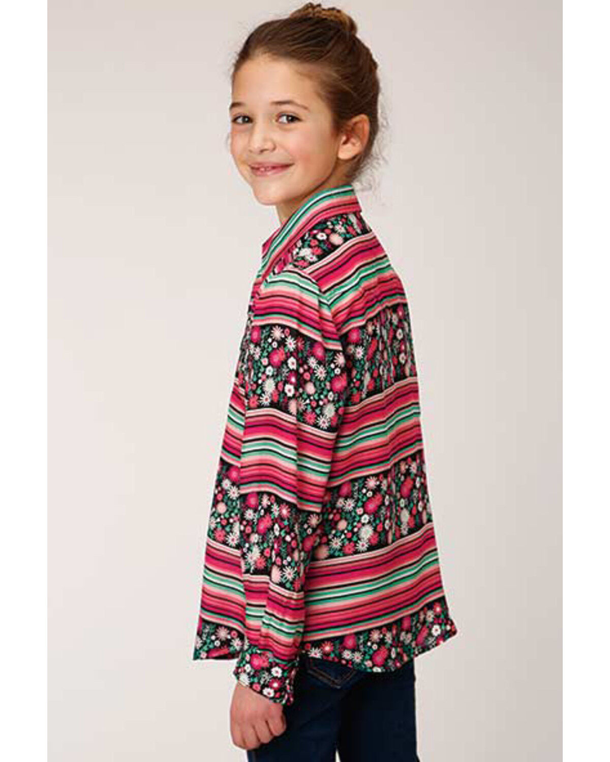 Roper Girls' Multi Floral and Stripe Long Sleeve Snap Western Shirt