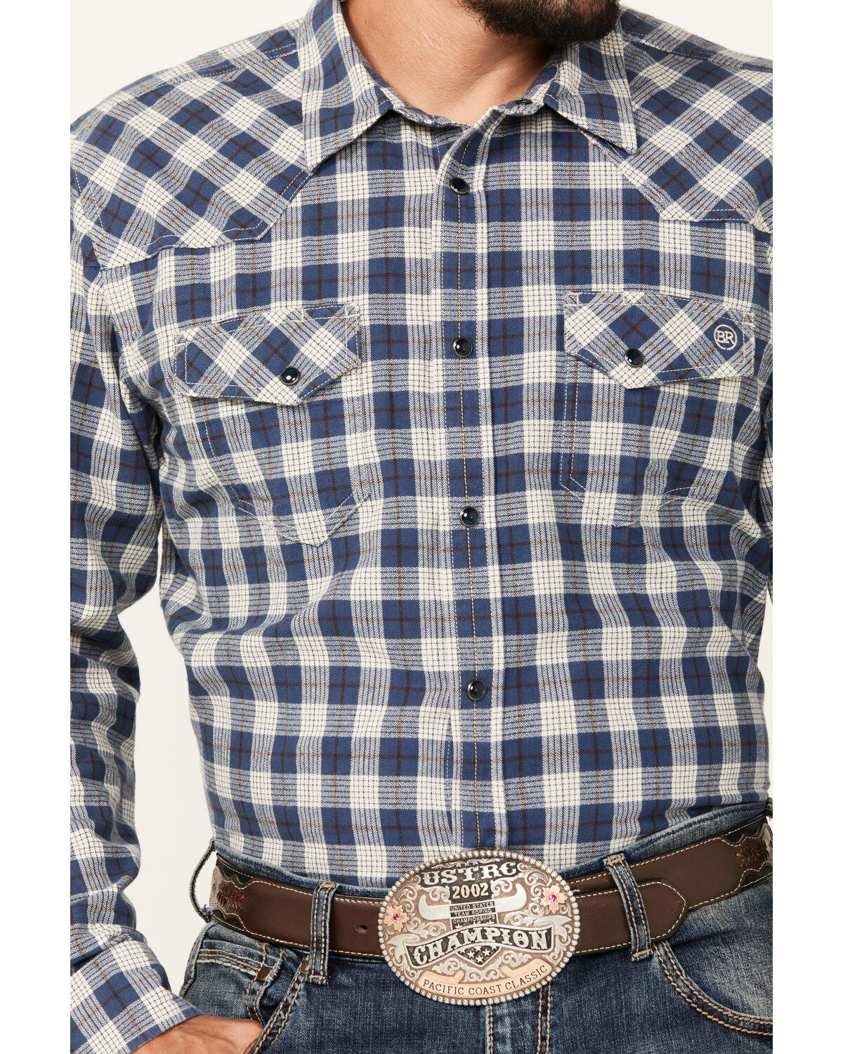 Blue Ranchwear Men's Crossville Herringbone Checkered Print Long Sleeve Snap Work Shirt