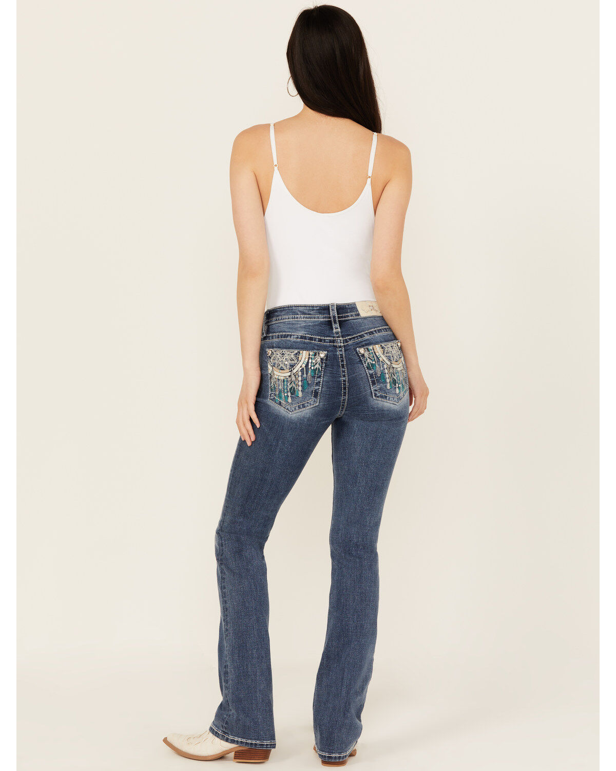Miss Me Women's Dark Wash Mid Rise Dreamcatcher Pocket Bootcut Stretch Denim Jeans
