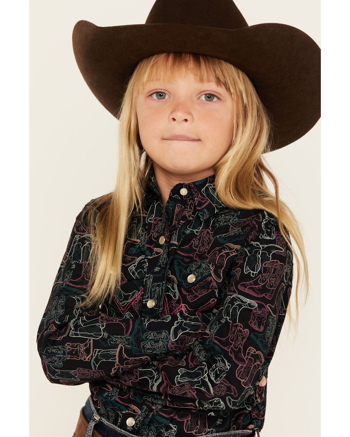 Wrangler Girls' Boot Print Long Sleeve Snap Western Shirt