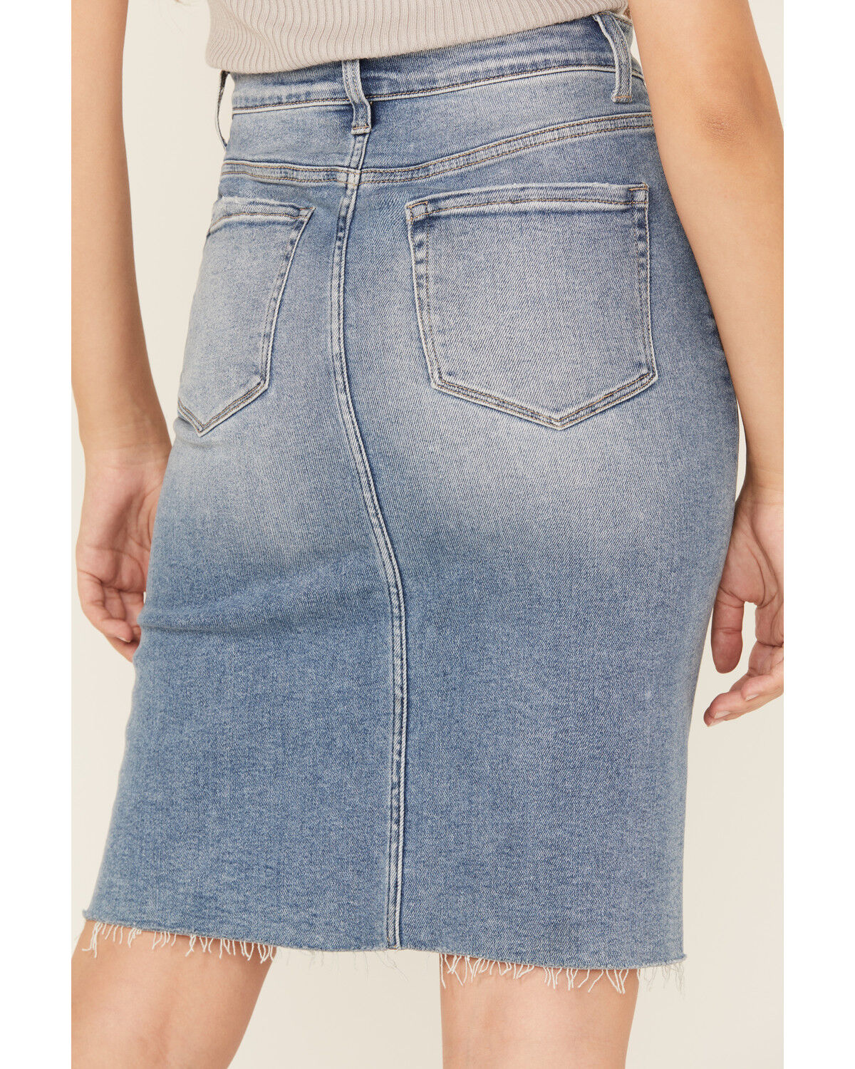 Flying Monkey Women's Raw Hem Medium Wash Denim Midi Skirt