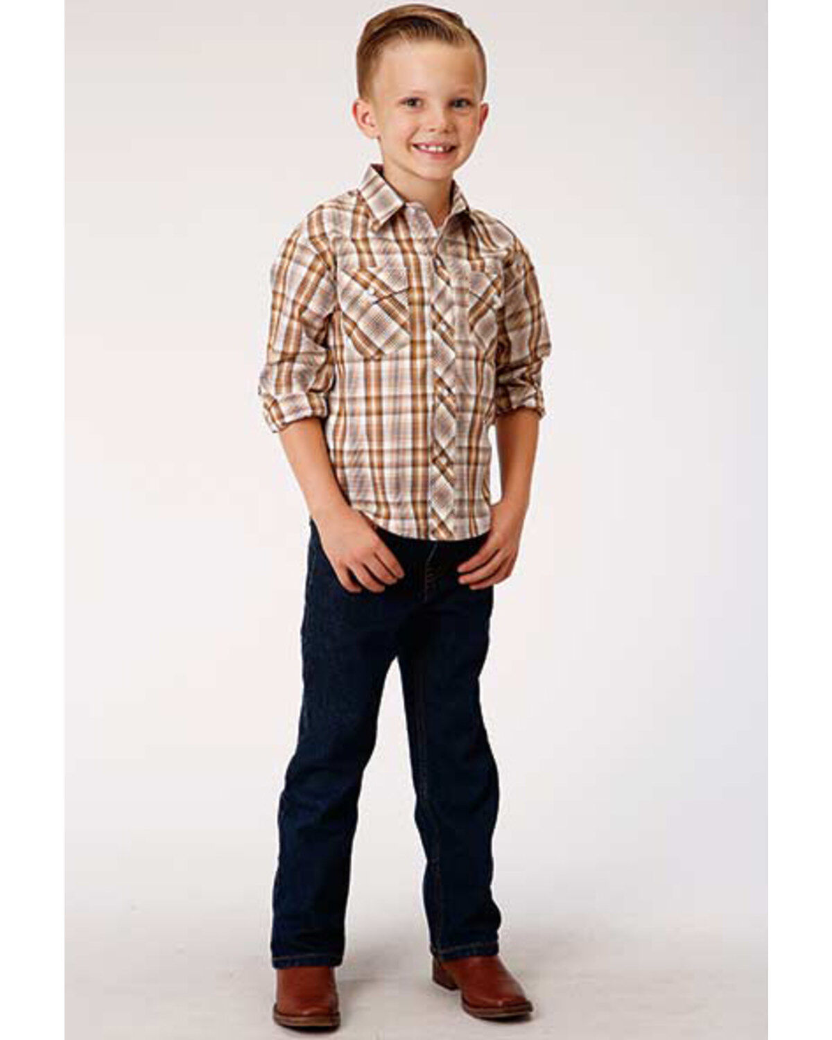Roper Boys' Classic Brown Plaid Long Sleeve Western Shirt