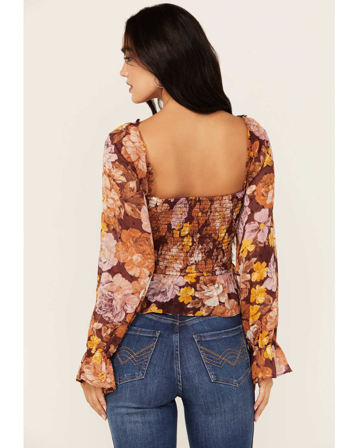 En Creme Women's Floral Print Shirred Long Sleeve Top