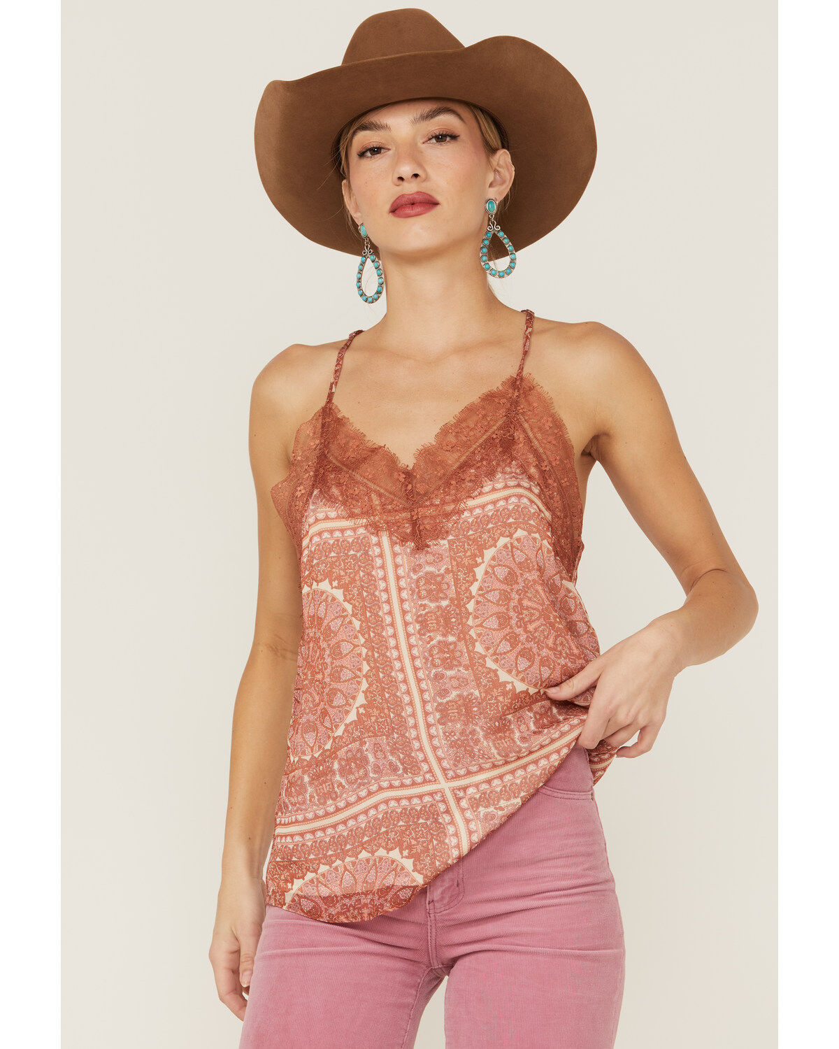 Miss Me Women's Medallion Print Lace Trim Cami