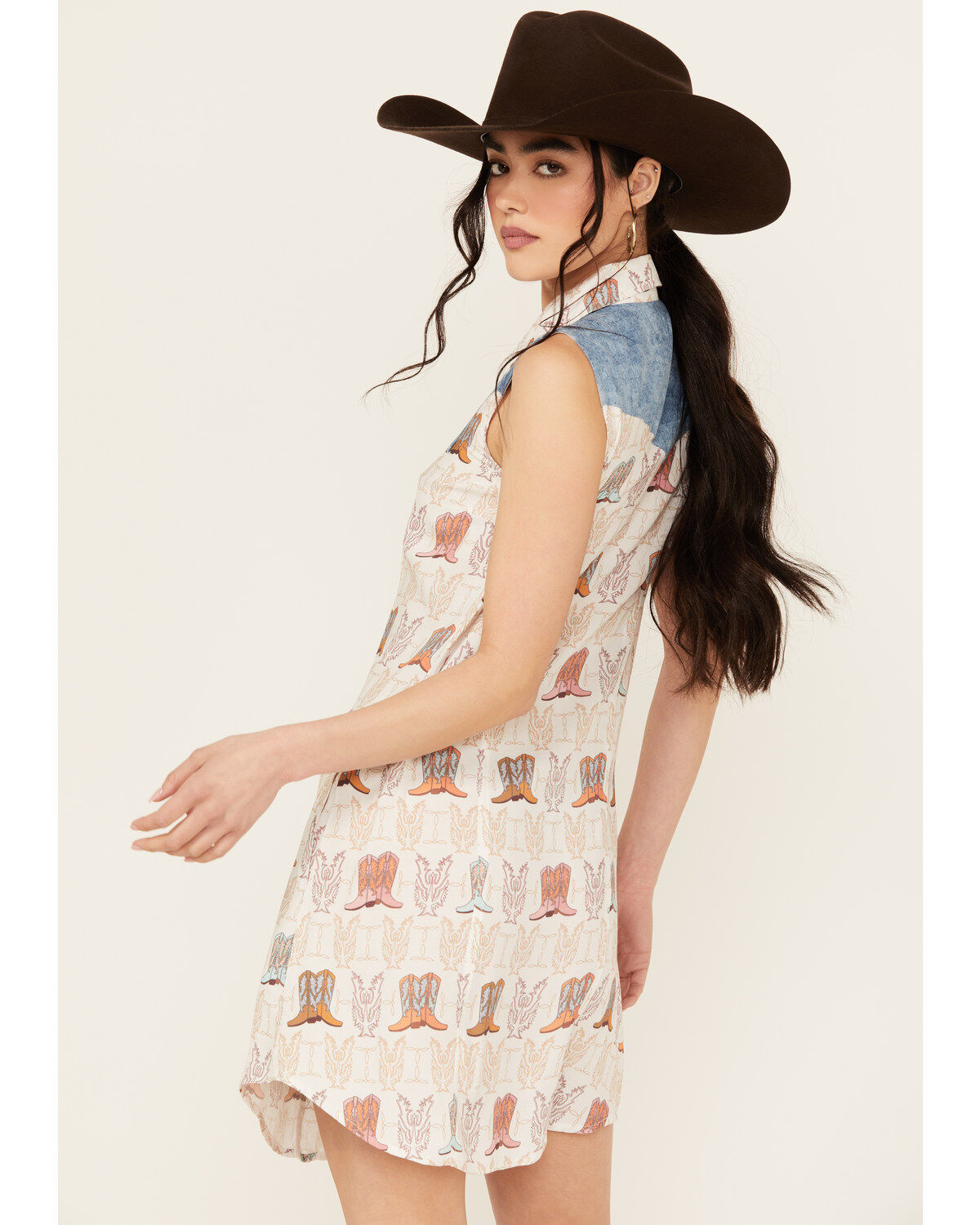 Panhandle Women's Boot Print Sleeveless Pearl Snap Mini Dress