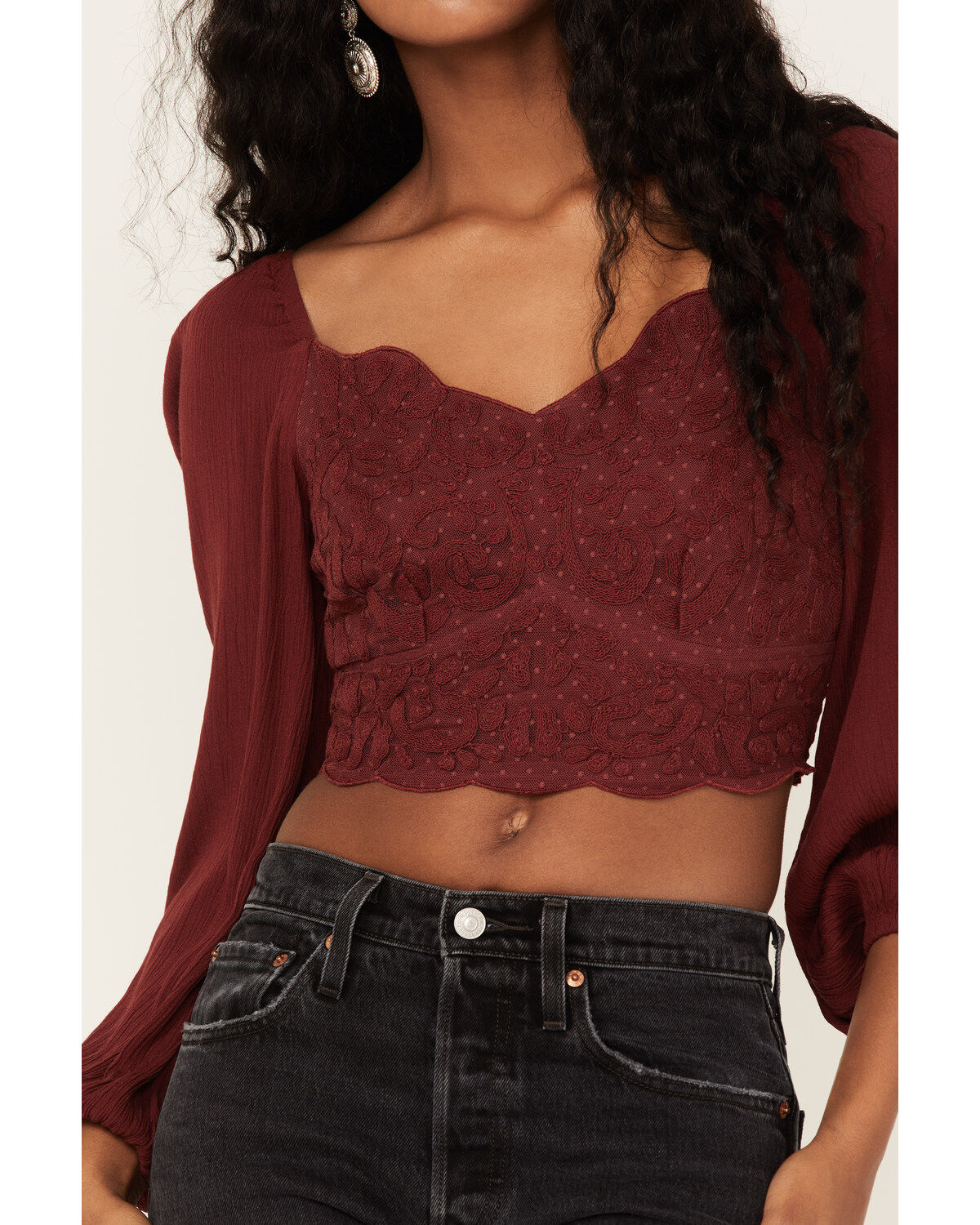 Shyanne Women's Embroidered Mesh Dot Poet Sleeve Crop Top