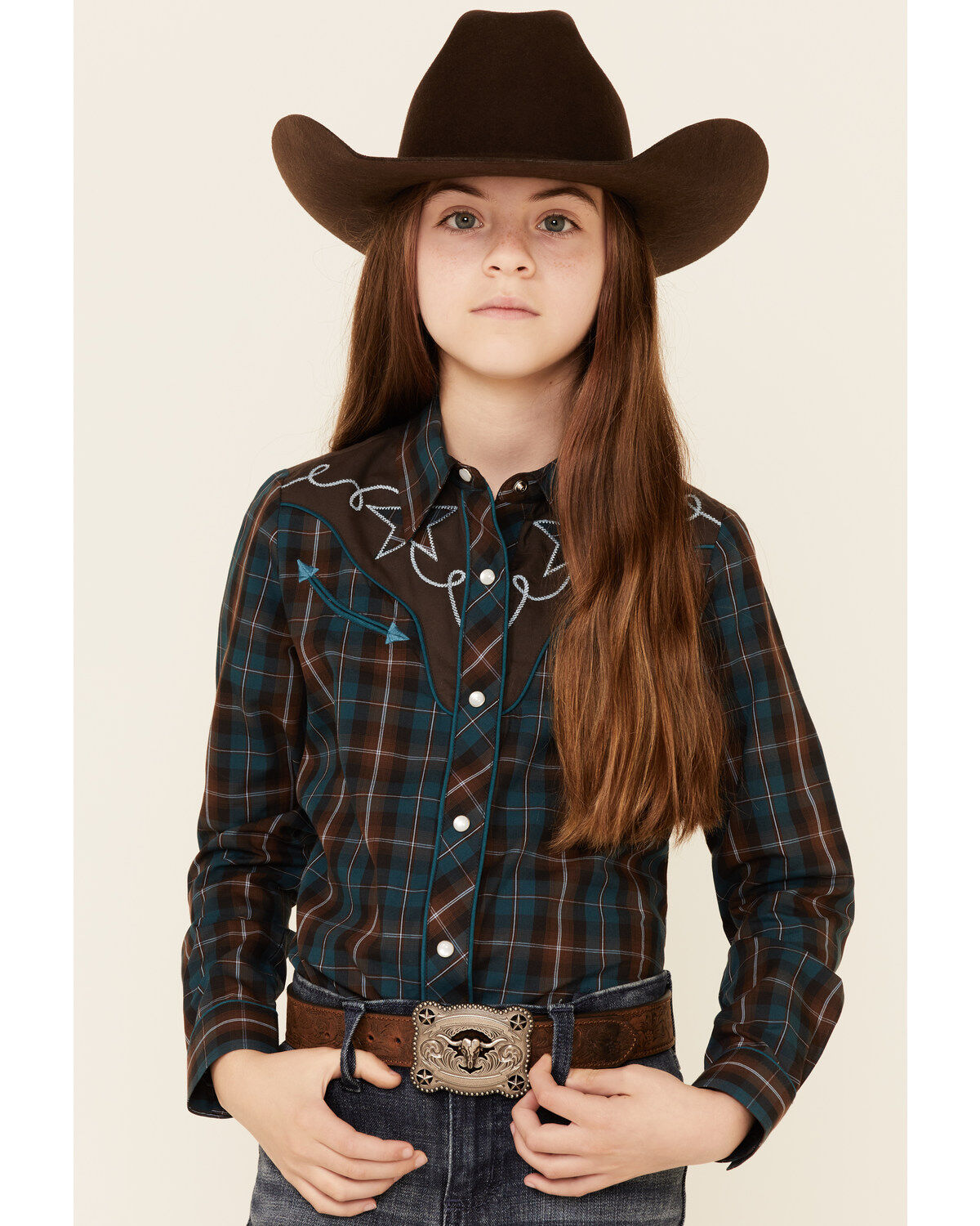 Roper Girls' Windowpane Plaid Print Fancy Yoke Long Sleeve Pearl Snap Western Shirt