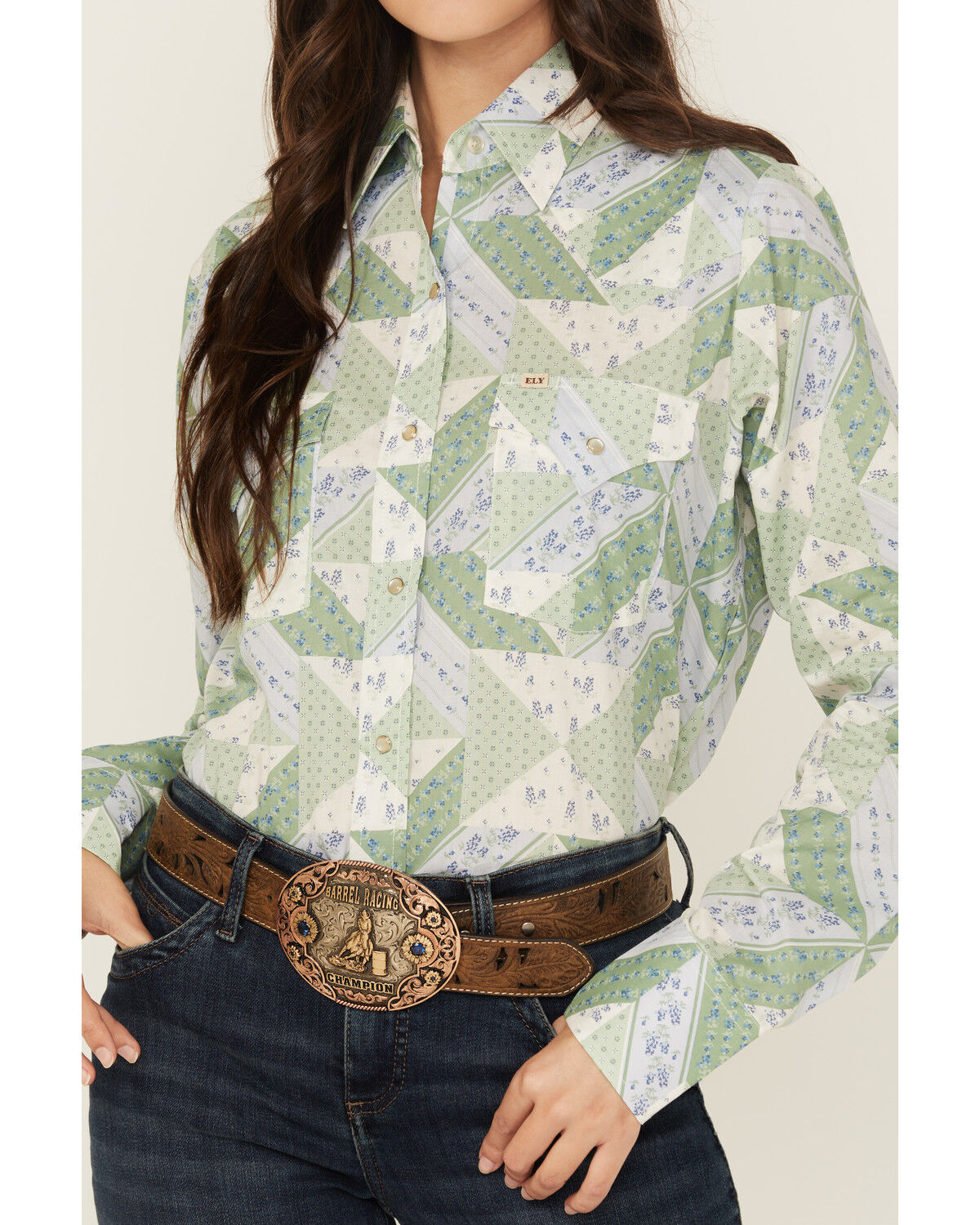 Cowboygirl by Jenna Paulette Women's Patchwork Print Long Sleeve Pearl Snap Western Shirt