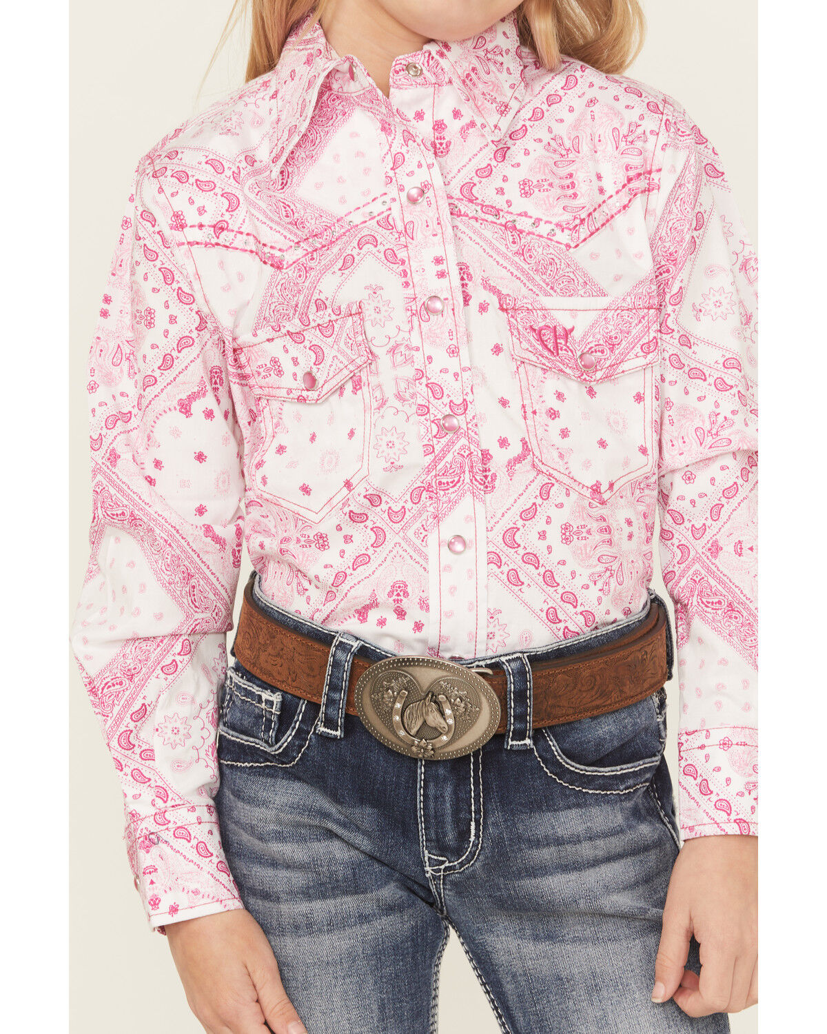 Cowgirl Hardware Girls' Bandana Print Long Sleeve Pearl Snap Stretch Western Shirt