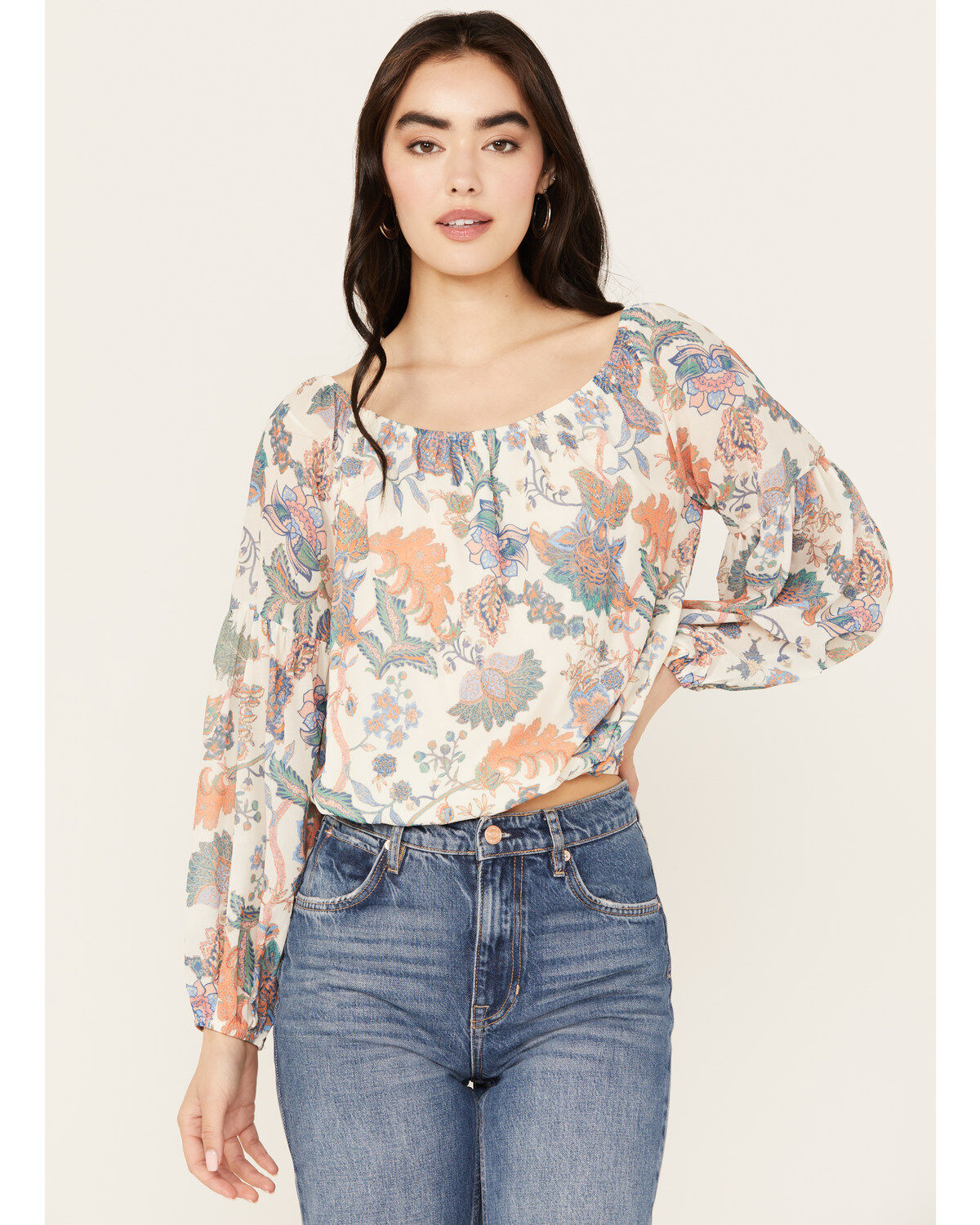 Flying Tomato Women's Floral Long Sleeve Peasant Top