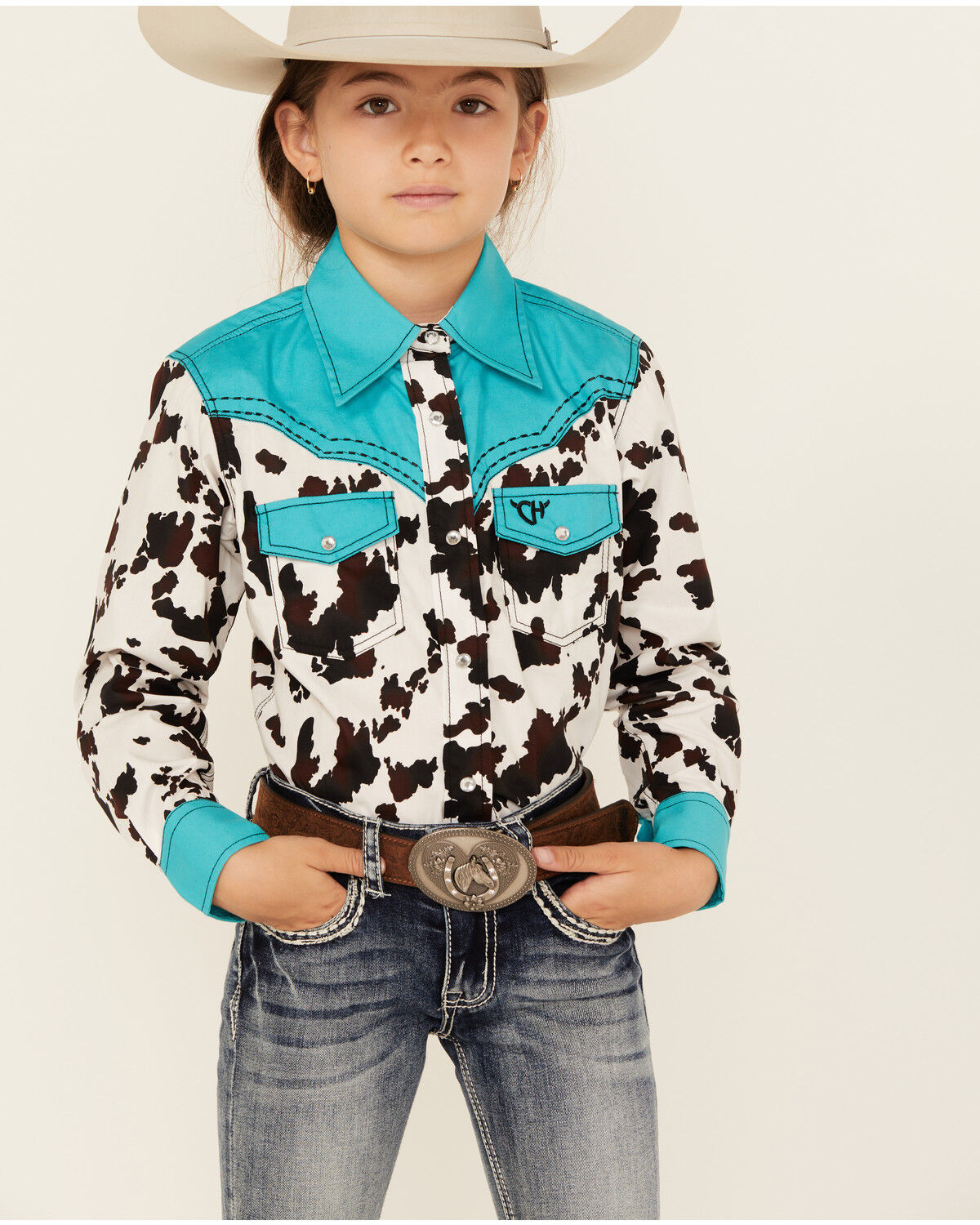 Cowgirl Hardware Girls' Moody Cow Print Long Sleeve Snap Western Shirt