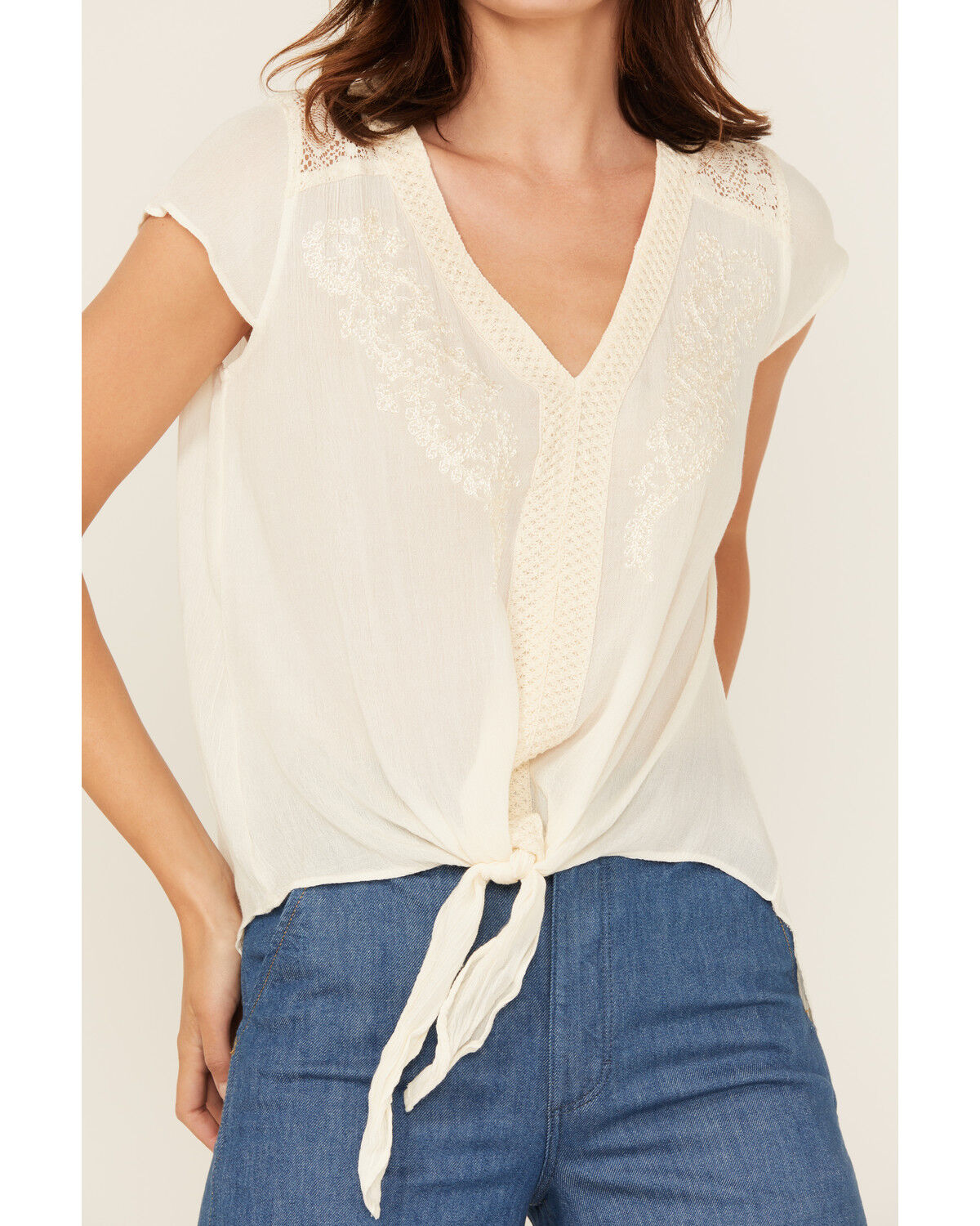 Nostalgia Women's Embroidered Lace Trim Tie-Front Top