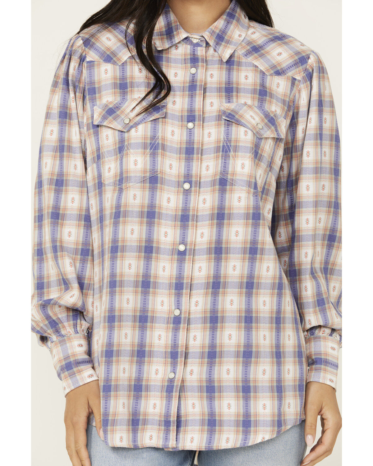 Wrangler Women's Balloon Sleeve Plaid Print Snap Western Shirt