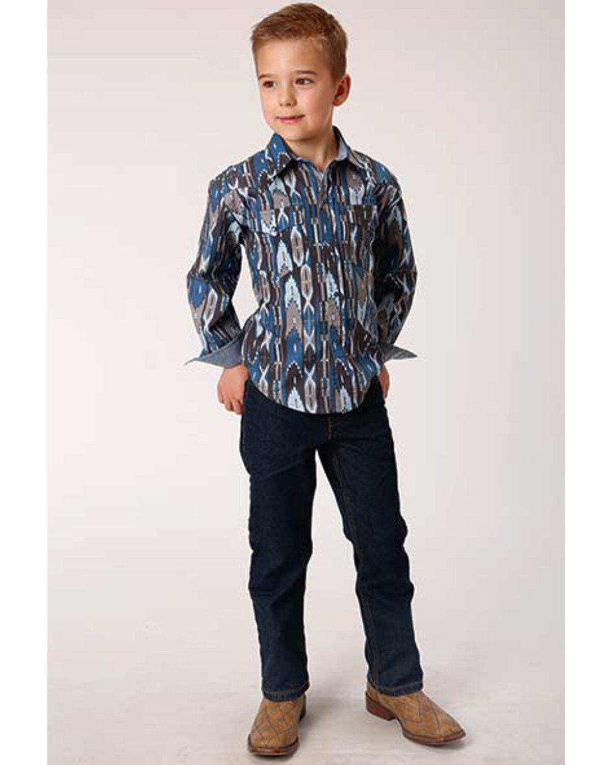 Roper Boys' West Made Midnight Southwestern Print Long Sleeve Western Shirt