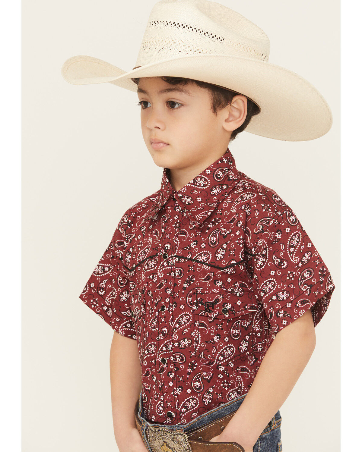 Cowboy Hardware Boys' Paisley Print Short Sleeve Snap Stretch Western Shirt