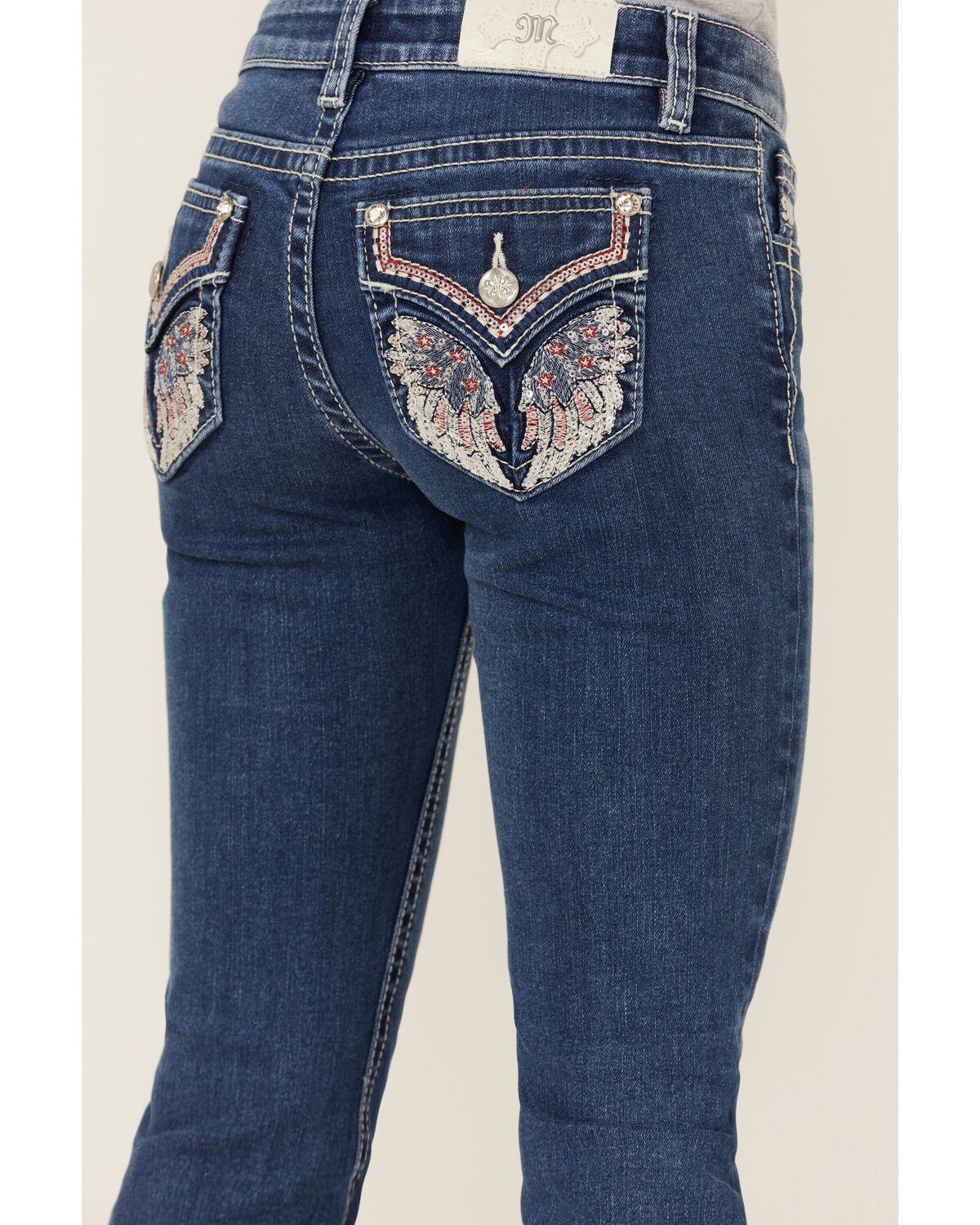 Miss Me Girls' Dark Wash Americana Wing Faux Flap Pocket Bootcut Stretch Denim Jeans