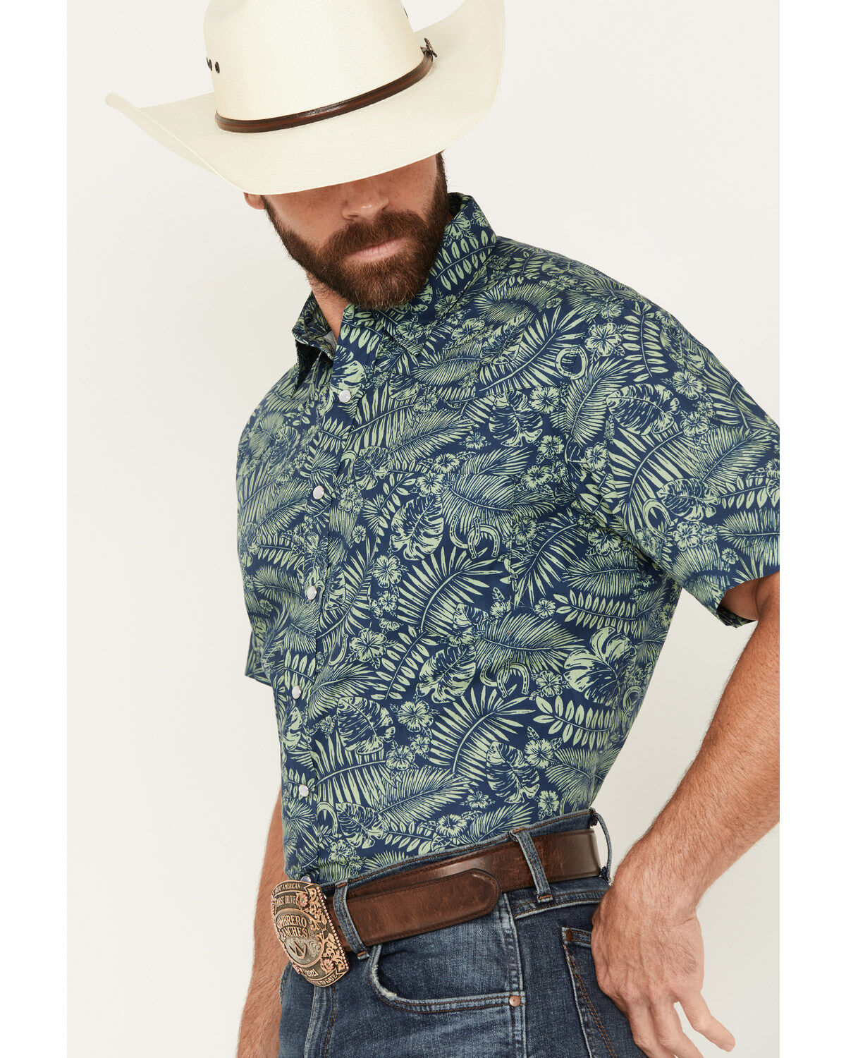 Roper Men's West Made Leaf and Horseshoe Print Short Sleeve Pearl Snap Western Shirt