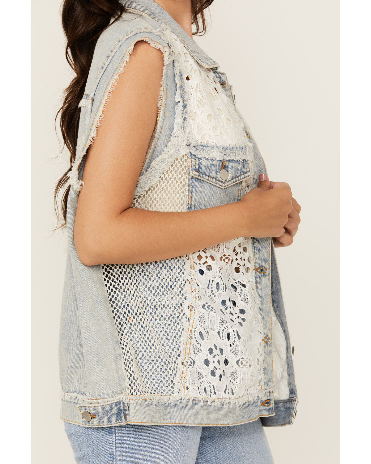 POL Women's Denim Lace Button-Down Vest
