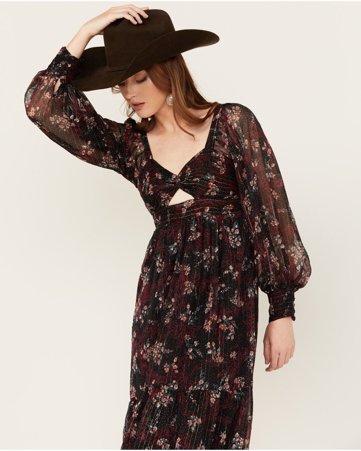 Angie Women's Floral Cut Out Long Sleeve Midi Dress