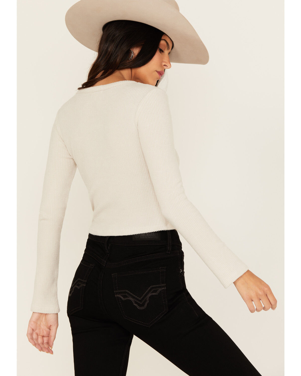 Originality Women's Solid Rib Knit Long Sleeve Cropped Shirt