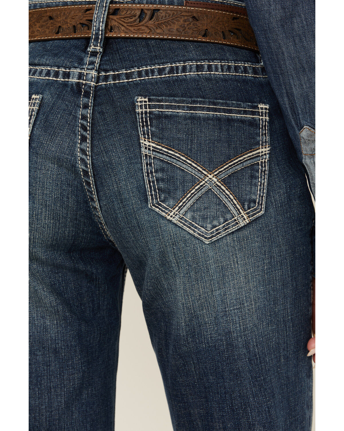 Rock & Roll Denim Women's Medium Wash Mid Rise Embroidered Pocket Bootcut Stretch Denim Jeans