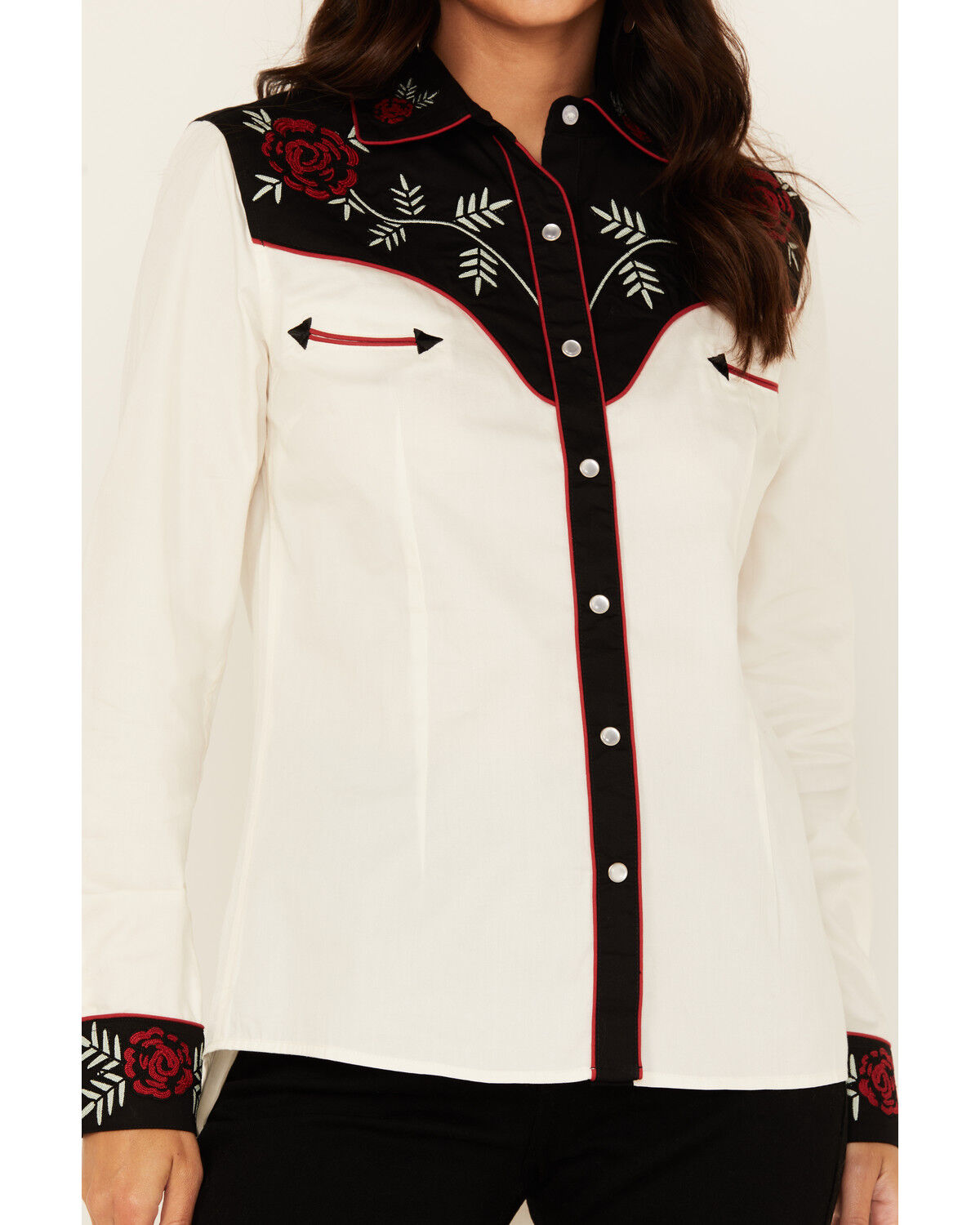 Panhandle Women's Retro Floral Embroidered Long Sleeve Snap Western Shirt