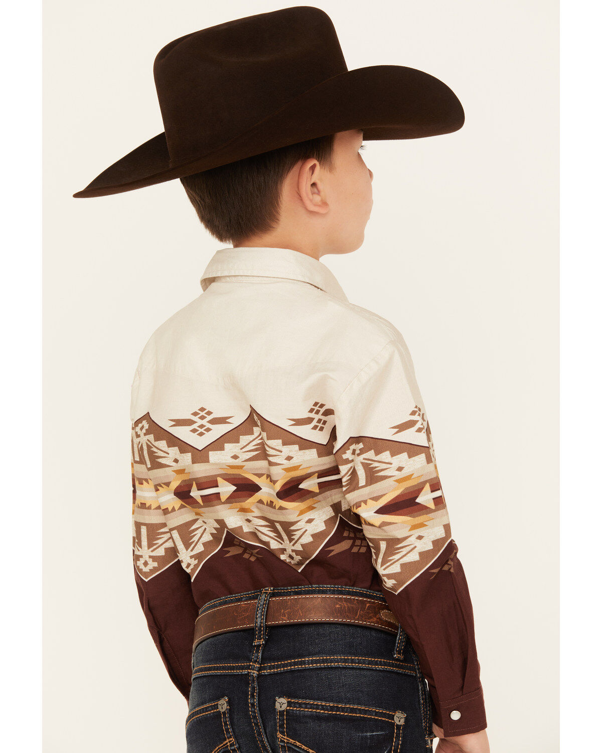 Roper Boys' Southwestern Border Print Long Sleeve Pearl Snap Western Shirt