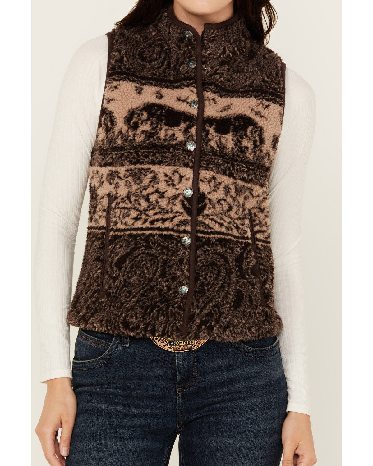 Shyanne Women's Buffalo Print Snap Sherpa Vest