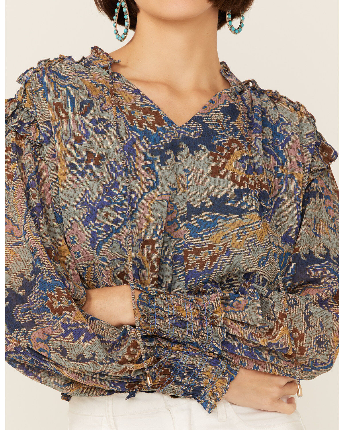 Revel Women's Tapestry Print Smocked Long Sleeve Top